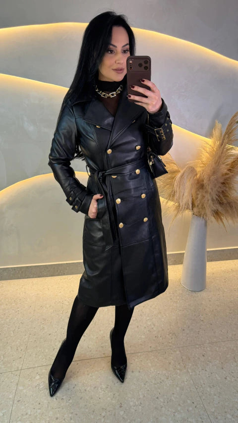 Trench Coat Mídi em Couro Sintético preto Com Botões Dourados